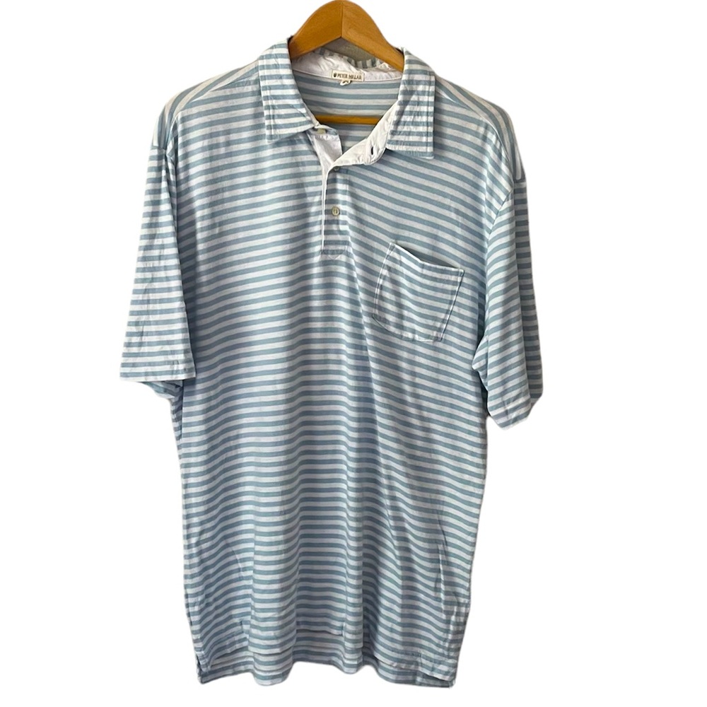 Peter Millar Pima Cotton Light Blue/White Striped Polo Golf Shirt Size XL